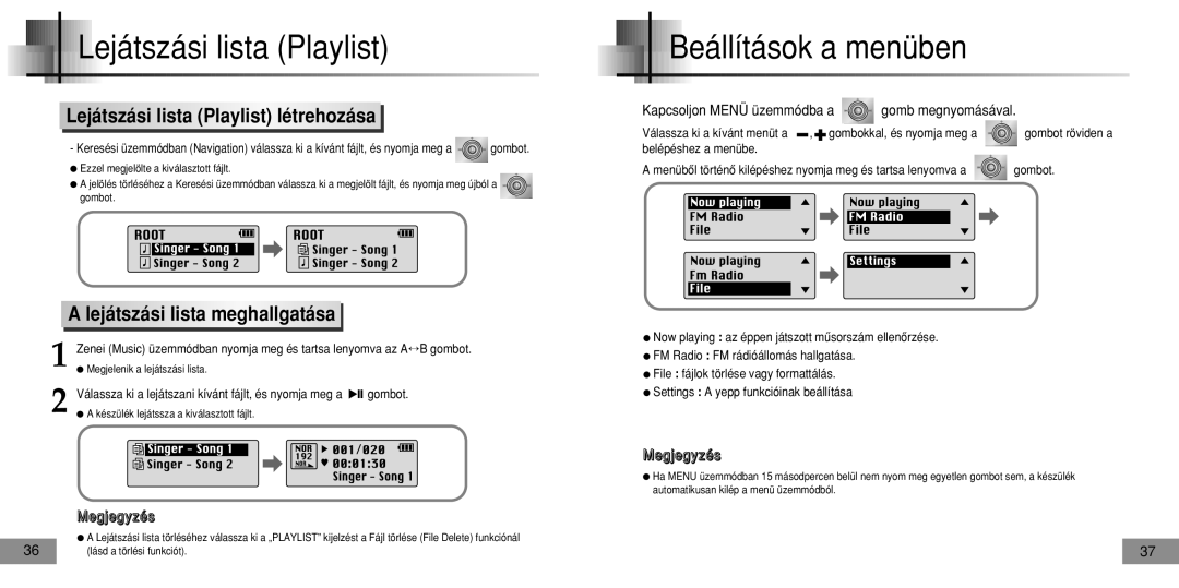 Samsung YPT5V2/ELS manual Beállítások a menüben, Lejátszási lista Playlist létrehozása, Lejátszási lista meghallgatása 