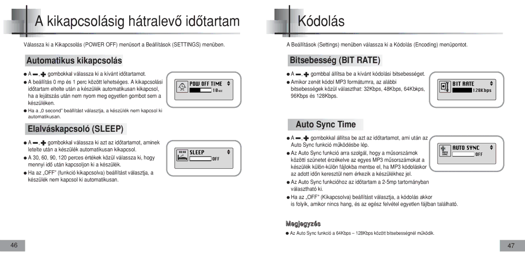 Samsung YPT5V1/ELS manual Kódolás, Automatikus kikapcsolás, Elalváskapcsoló Sleep, Bitsebesség BIT Rate, Auto Sync Time 