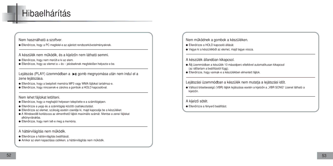 Samsung YPT5V2/ELS, YPT5V1/ELS, YPT5H2/ELS, YPT5H1/ELS Hibaelhárítás, Készülék nem mûködik, és a kijelzôn nem látható semmi 