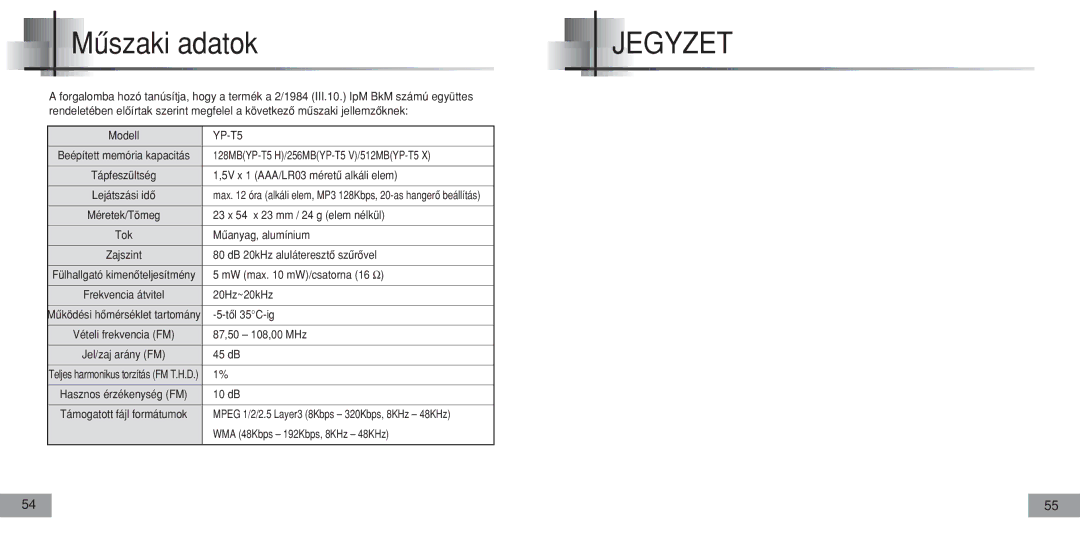 Samsung YPT5V1/ELS, YPT5H2/ELS, YPT5H1/ELS, YPT5V2/ELS manual Mûszaki adatok 