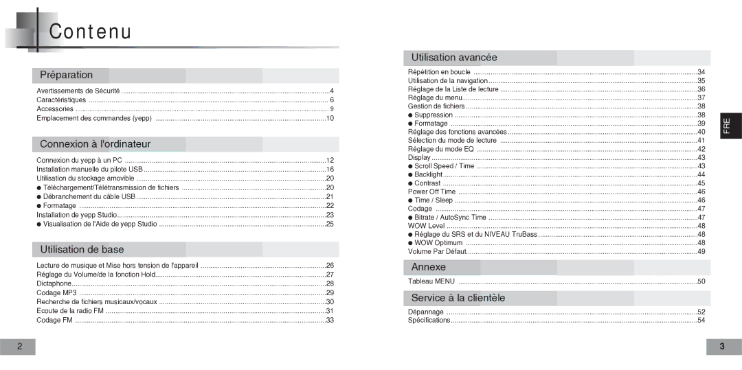 Samsung YPT5H1/ELS, YPT5V1/ELS, YPT5H2/ELS manual Contenu, Connexion à lordinateur 