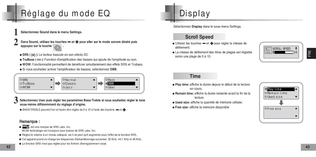 Samsung YPT5H2/ELS, YPT5V1/ELS, YPT5H1/ELS manual Réglage du mode EQ, Display, Scroll Speed, Time 