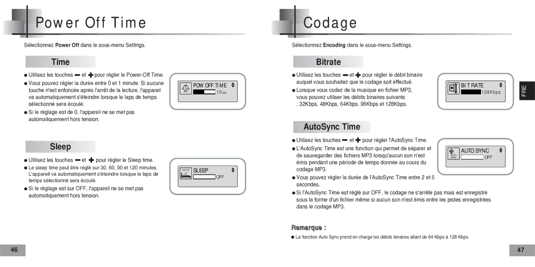 Samsung YPT5V1/ELS, YPT5H2/ELS, YPT5H1/ELS manual Power Off Time, Codage, Bitrate, AutoSync Time Sleep 