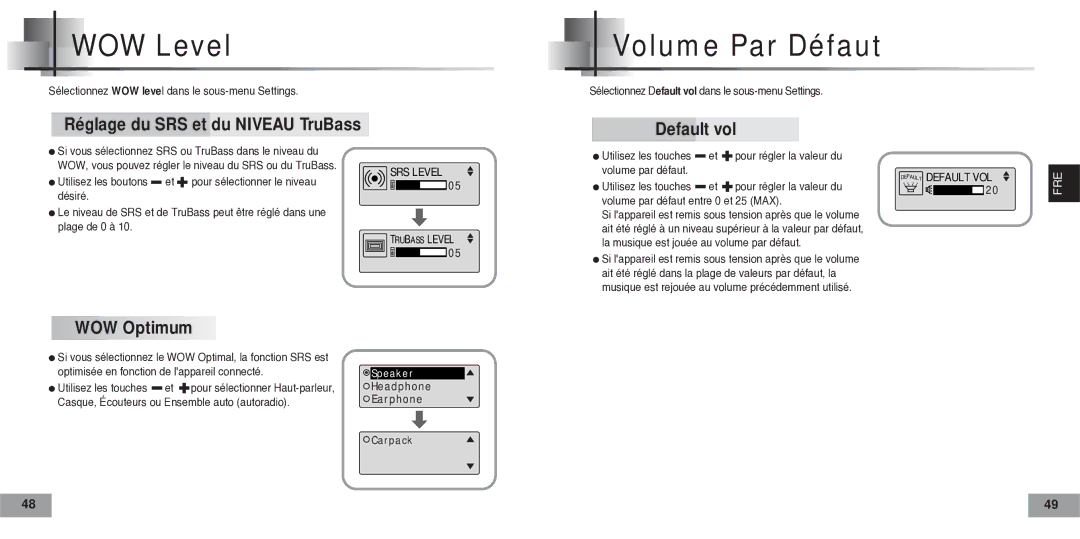 Samsung YPT5H2/ELS, YPT5V1/ELS WOW Level, Volume Par Défaut, Réglage du SRS et du Niveau TruBass, Default vol, WOW Optimum 