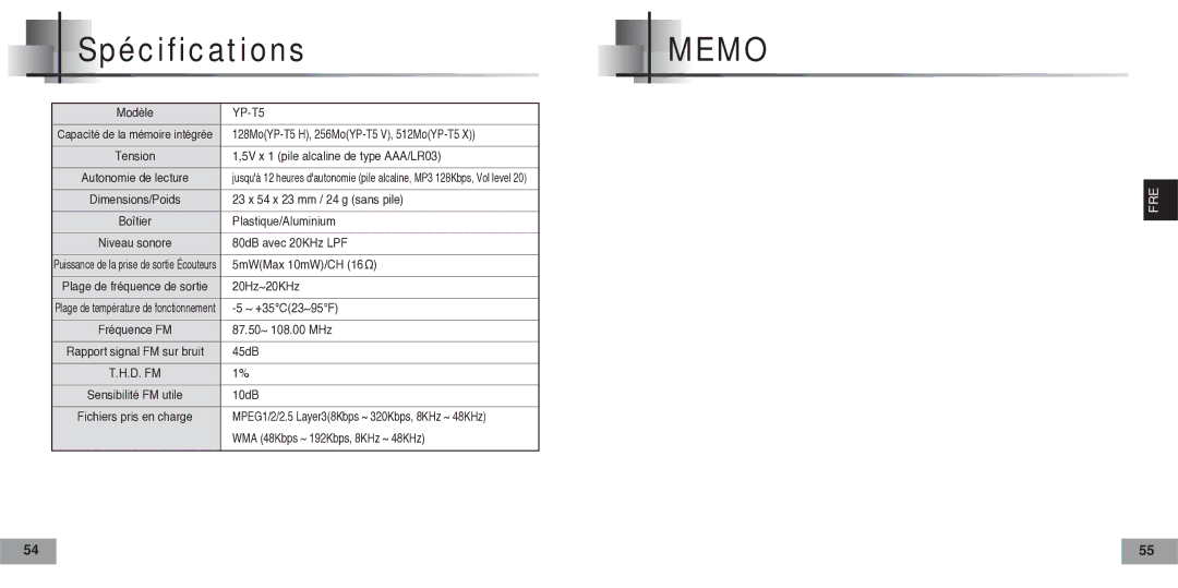 Samsung YPT5H2/ELS, YPT5V1/ELS, YPT5H1/ELS manual Spécifications 