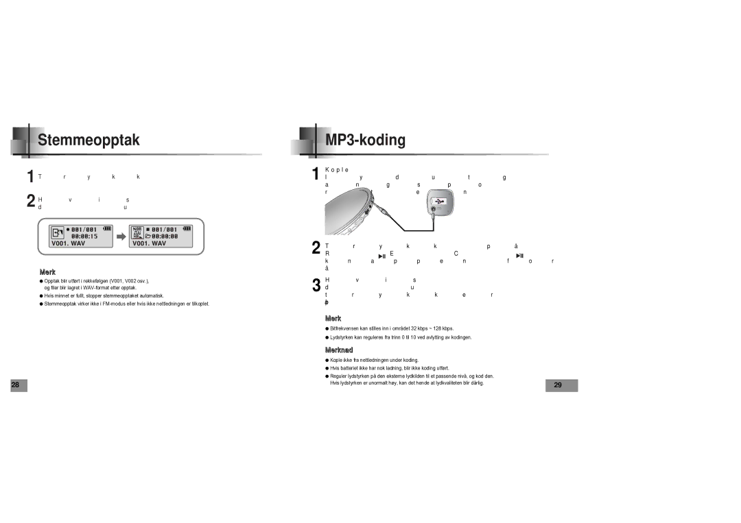 Samsung YPT5V1/ELS manual Stemmeopptak, MP3-koding 