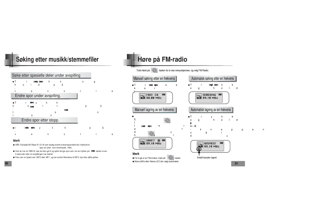 Samsung YPT5V1/ELS manual Høre på FM-radio, Søking etter musikk/stemmefiler 