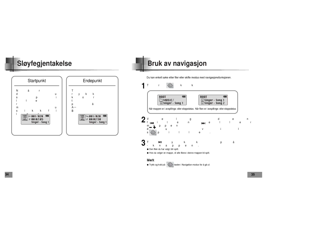 Samsung YPT5V1/ELS manual Sløyfegjentakelse, Bruk av navigasjon, StartpunktEndepunkt 