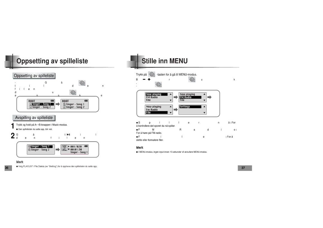 Samsung YPT5V1/ELS manual Stille inn Menu, Oppsetting av spilleliste Avspilling av spilleliste 