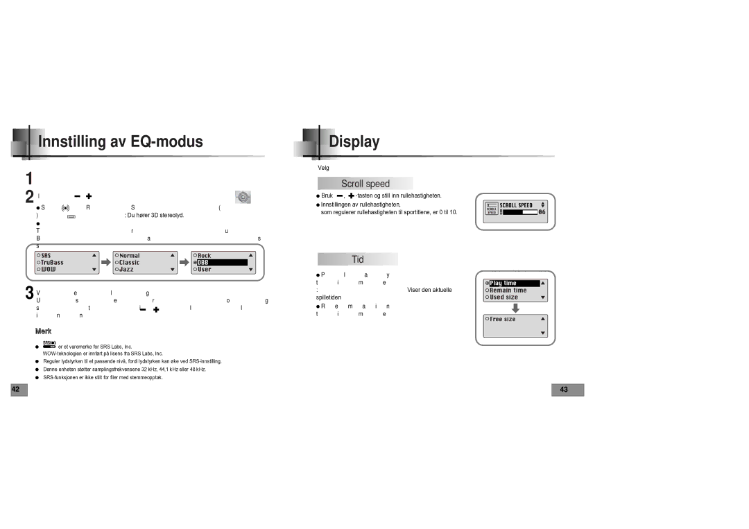 Samsung YPT5V1/ELS manual Innstilling av EQ-modus Display, Scroll speed, Tid 