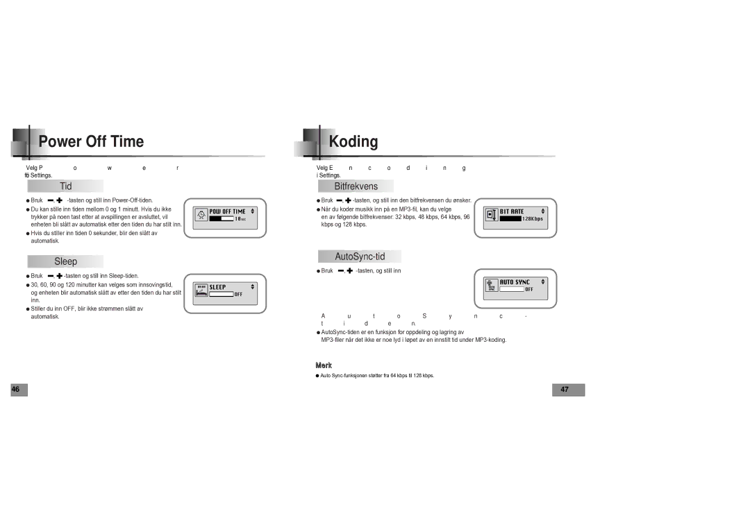 Samsung YPT5V1/ELS manual Power Off Time, Koding, Sleep, Bitfrekvens, AutoSync-tid 