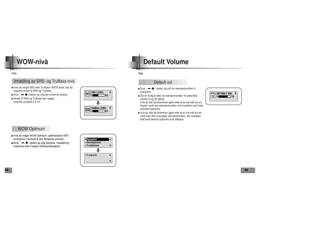 Samsung YPT5V1/ELS manual WOW-nivå, Default Volume, Innstilling av SRS- og TruBass-nivå, WOW Optimum, Default vol 