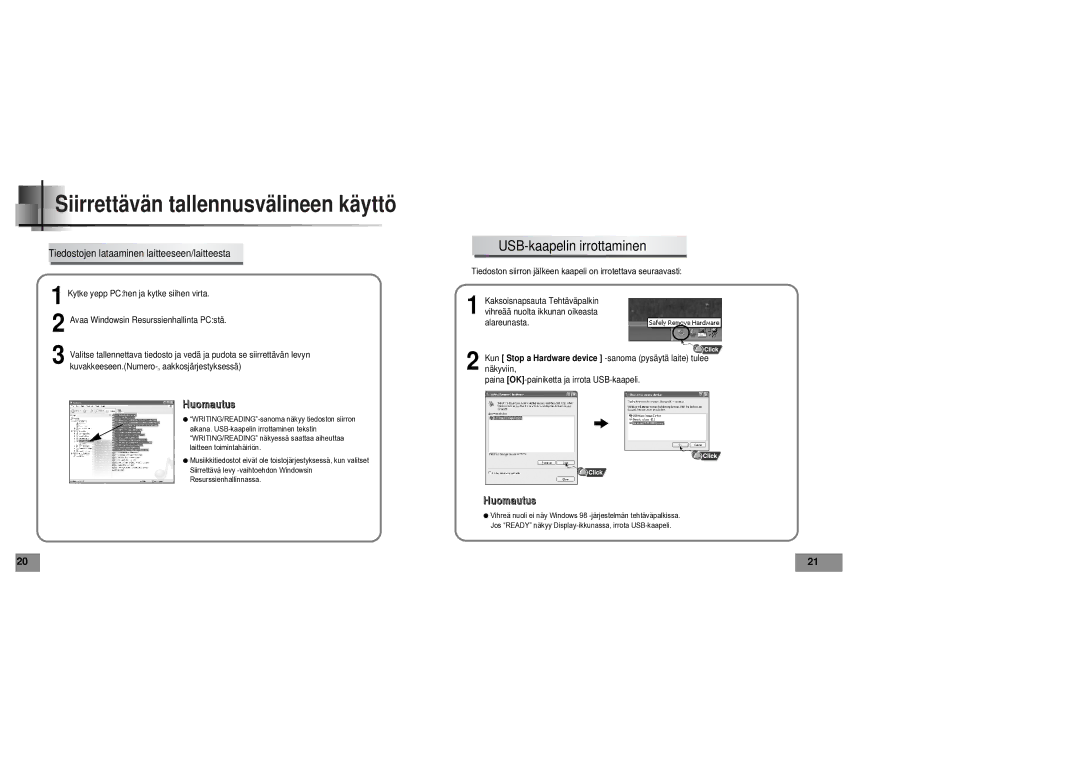 Samsung YPT5V1/ELS manual Siirrettävän tallennusvälineen käyttö, USB-kaapelin irrottaminen 