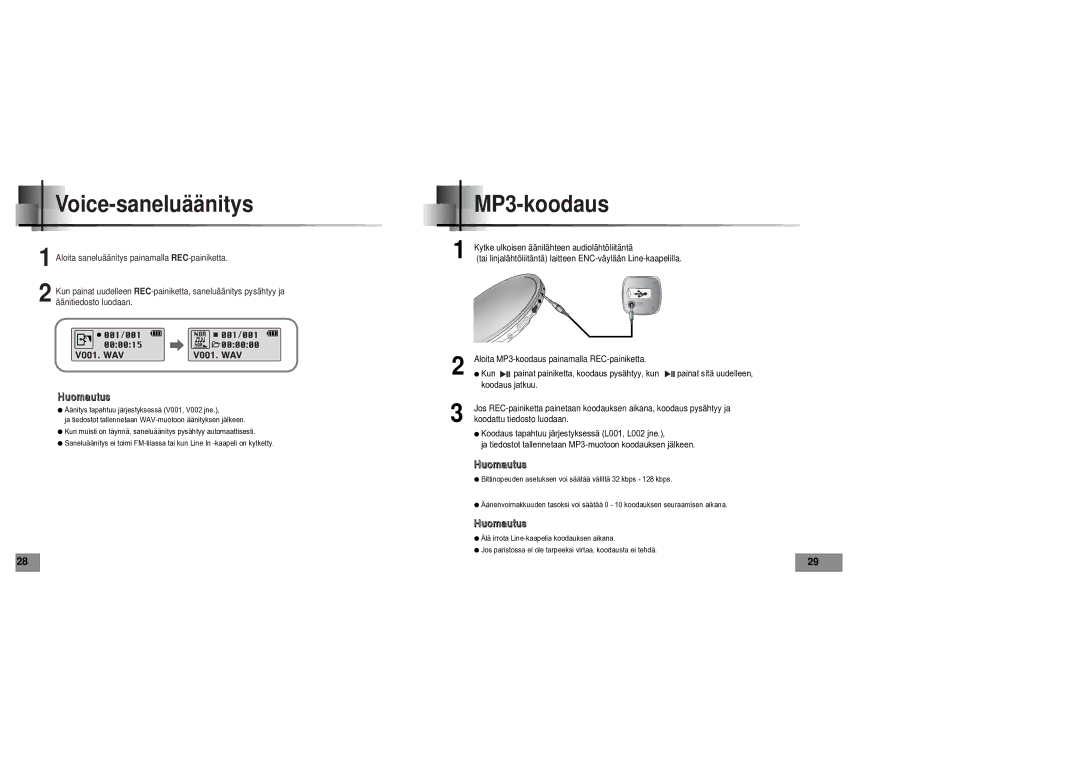 Samsung YPT5V1/ELS manual Voice-saneluäänitys, MP3-koodaus 