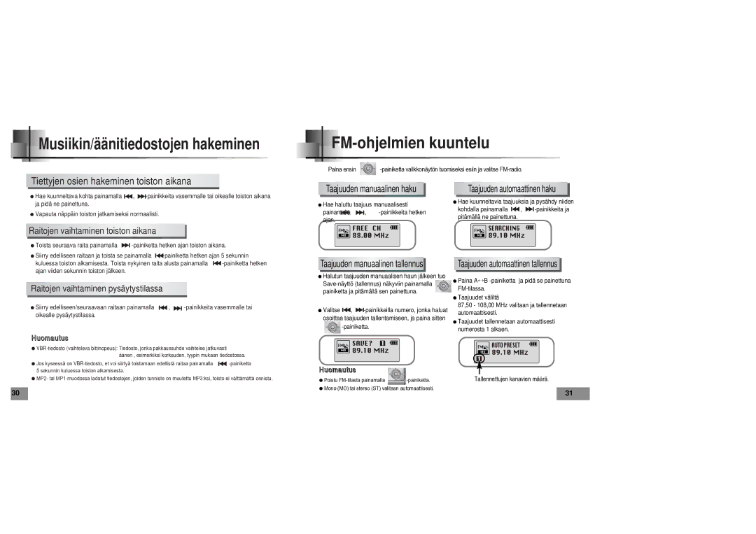 Samsung YPT5V1/ELS manual FM-ohjelmien kuuntelu, Tiettyjen osien hakeminen toiston aikana 