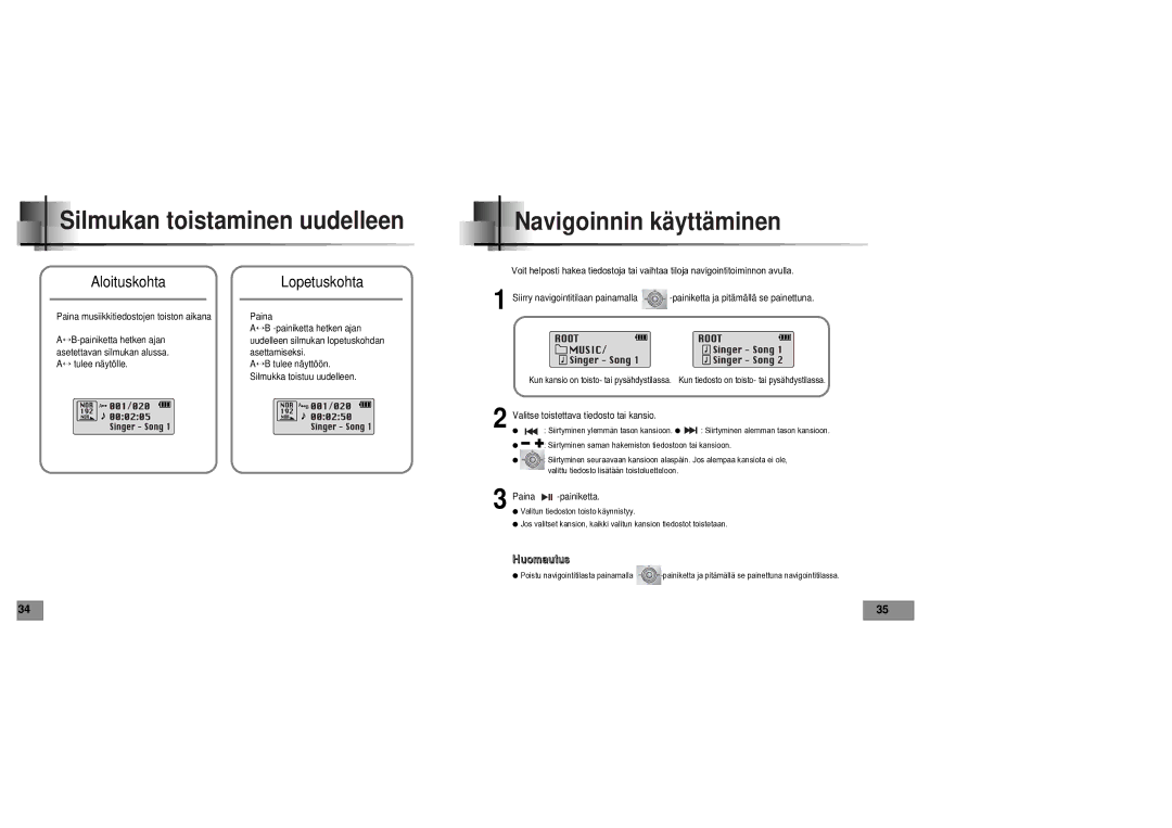 Samsung YPT5V1/ELS manual Silmukan toistaminen uudelleen Navigoinnin käyttäminen, Aloituskohta, Lopetuskohta 