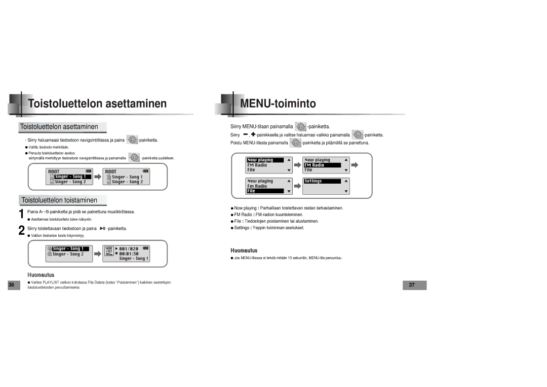 Samsung YPT5V1/ELS manual Toistoluettelon asettaminen, MENU-toiminto, Toistoluettelon toistaminen 