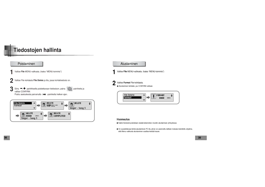 Samsung YPT5V1/ELS manual Tiedostojen hallinta, Poistaminen Alustaminen 