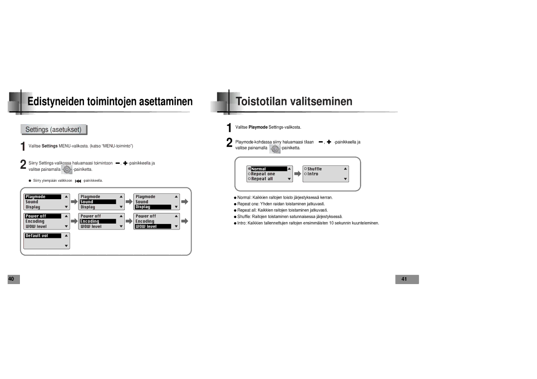 Samsung YPT5V1/ELS manual Toistotilan valitseminen, Settings asetukset 