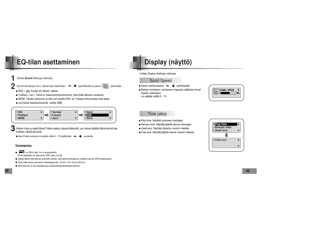 Samsung YPT5V1/ELS manual EQ-tilan asettaminen, Display näyttö, Scroll Speed, Time aika 