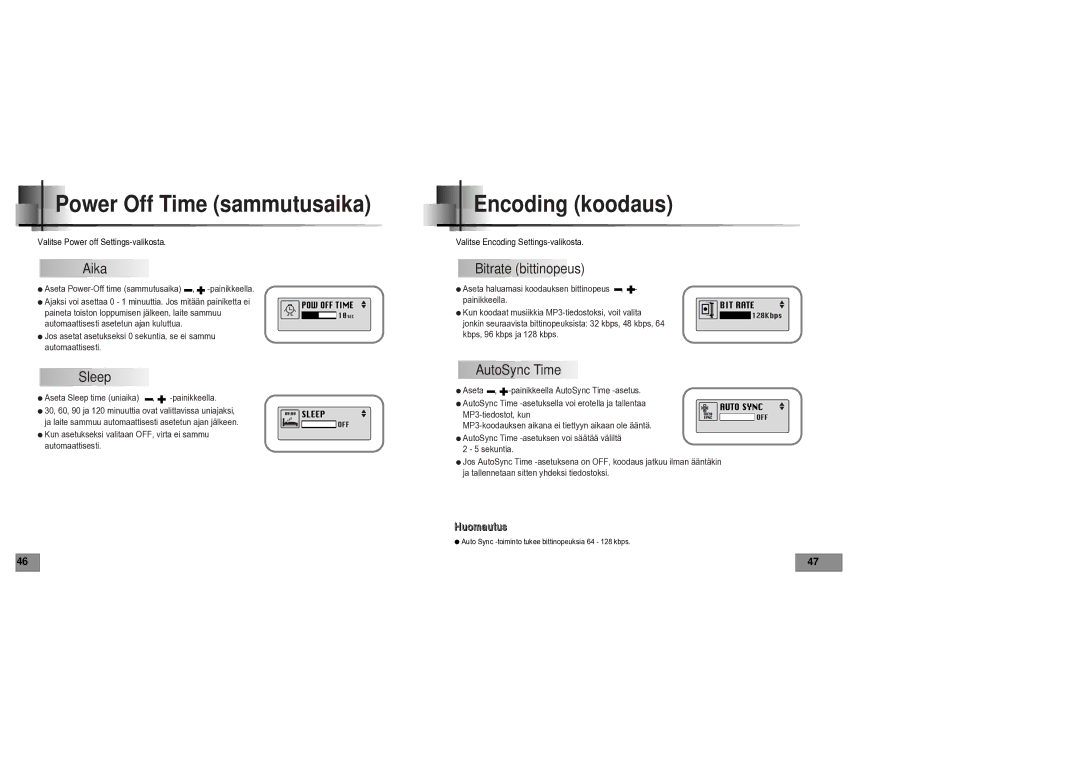 Samsung YPT5V1/ELS manual Power Off Time sammutusaika, Encoding koodaus 