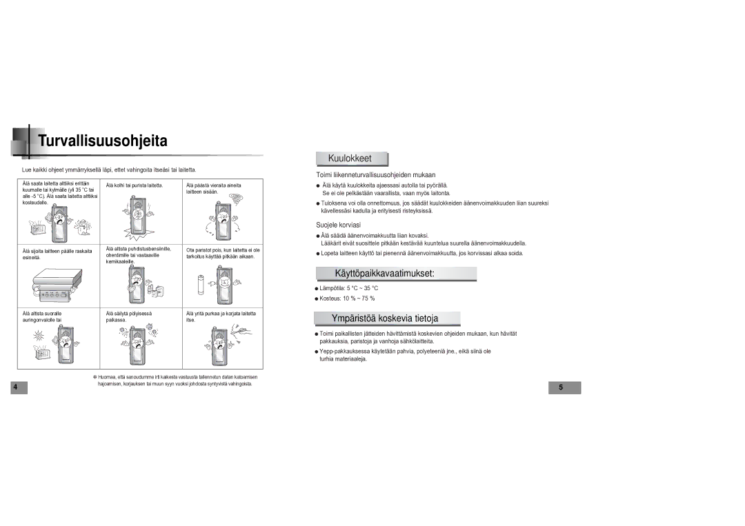 Samsung YPT5V1/ELS manual Kuulokkeet, Käyttöpaikkavaatimukset, Ympäristöä koskevia tietoja 