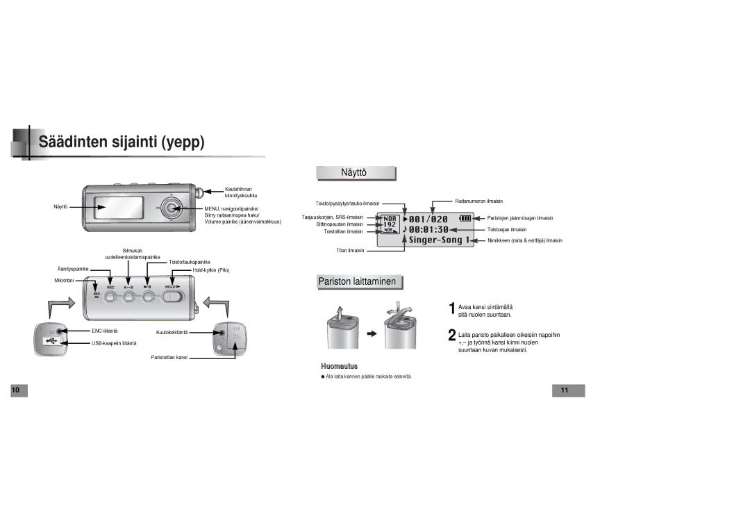 Samsung YPT5V1/ELS manual Säädinten sijainti yepp, Näyttö, Pariston laittaminen 