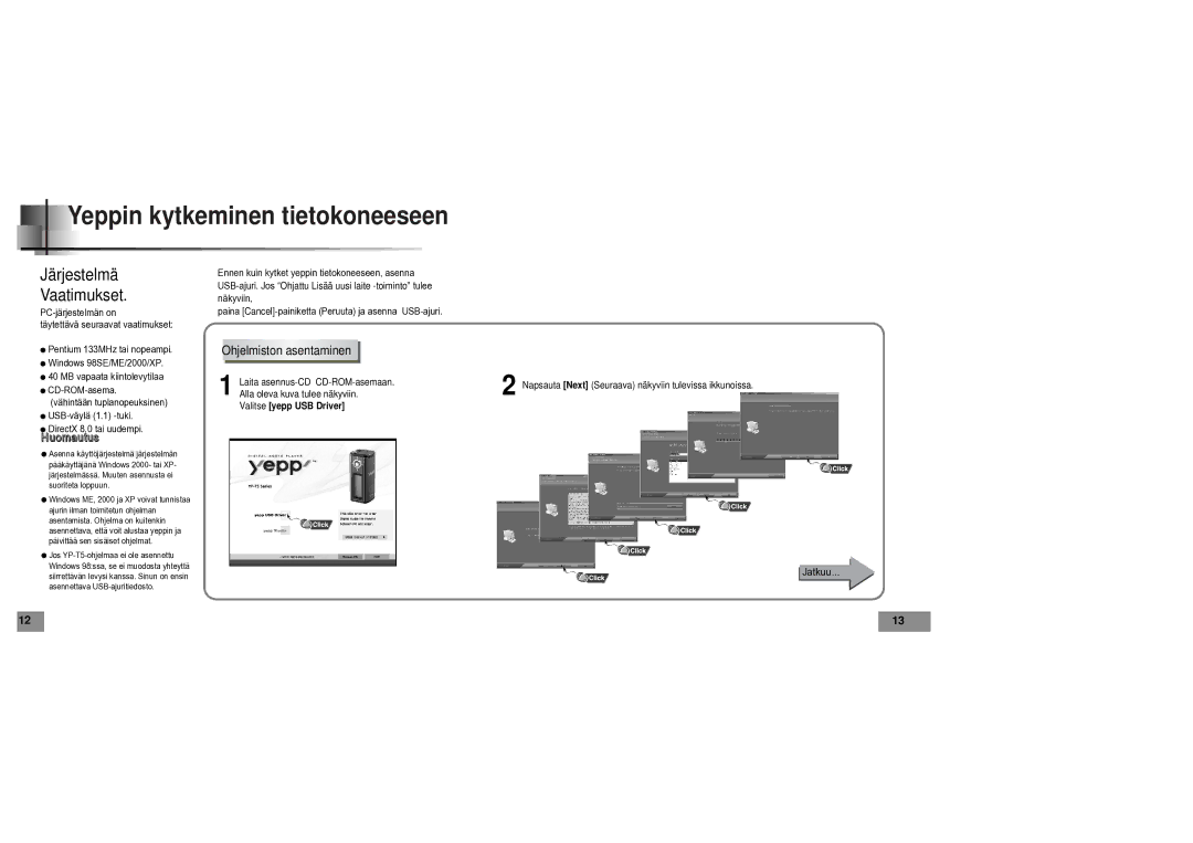 Samsung YPT5V1/ELS manual Yeppin kytkeminen tietokoneeseen, Järjestelmä Vaatimukset 