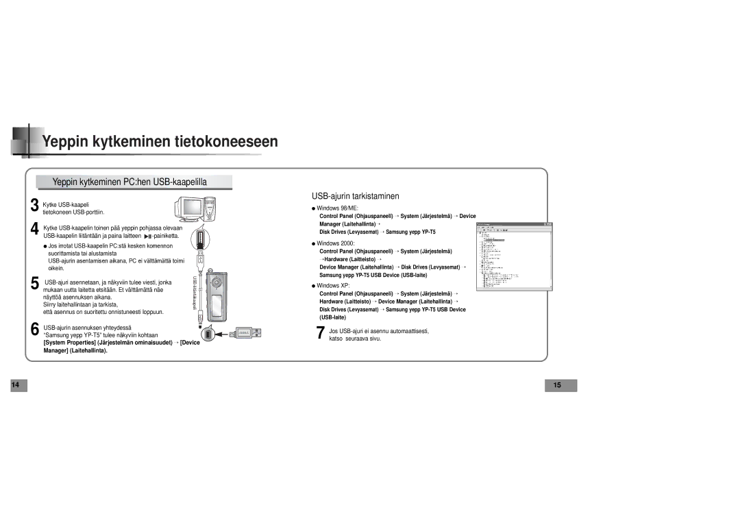 Samsung YPT5V1/ELS manual Yeppin kytkeminen PChen USB-kaapelilla 