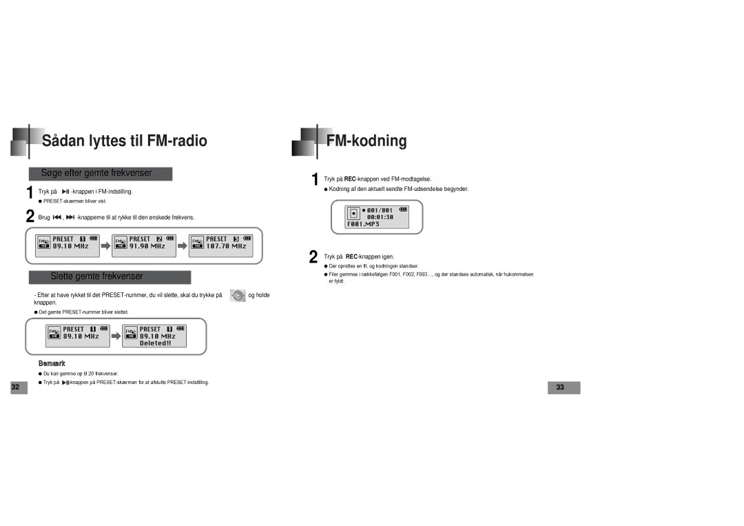 Samsung YPT5V1/ELS manual FM-kodning, Søge efter gemte frekvenser, Slette gemte frekvenser 