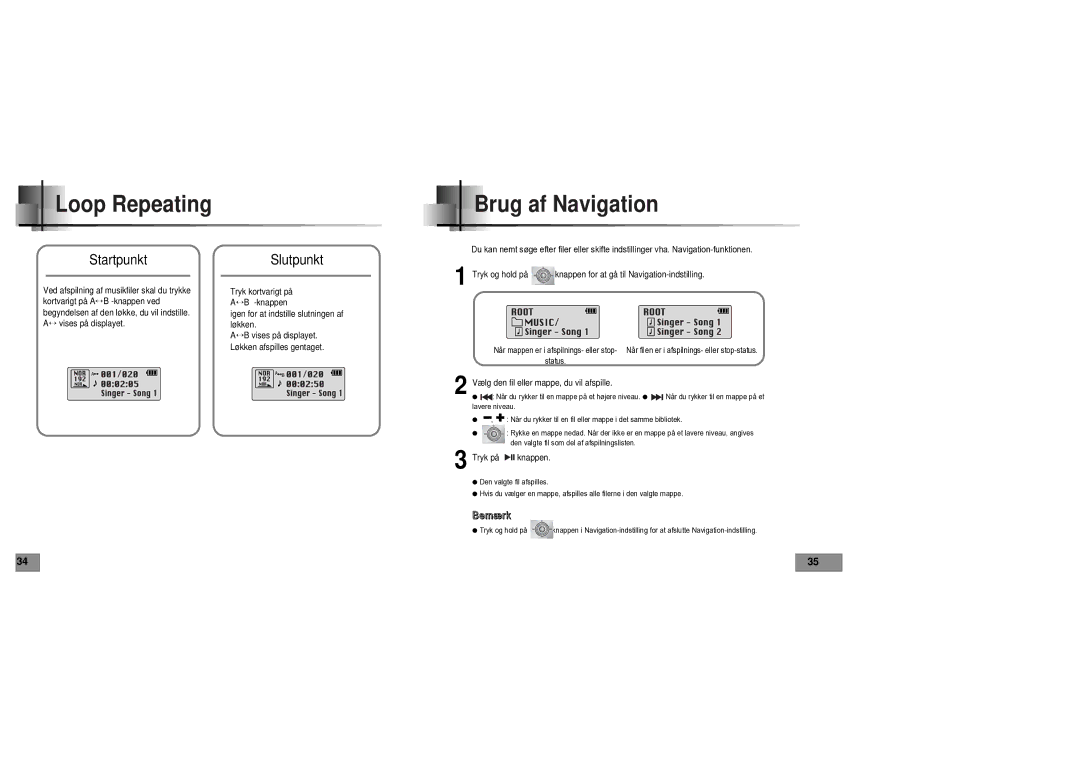 Samsung YPT5V1/ELS manual Loop Repeating Brug af Navigation, Startpunkt, Slutpunkt 