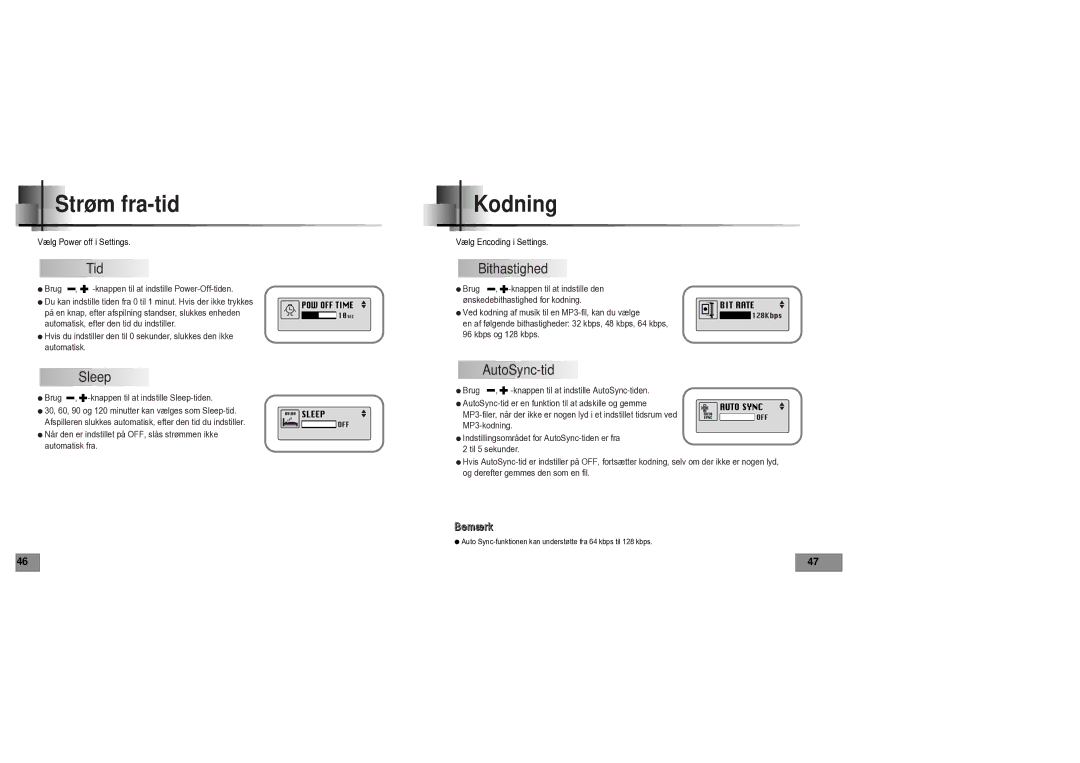 Samsung YPT5V1/ELS manual Strøm fra-tid, Kodning, Sleep, Bithastighed, AutoSync-tid 