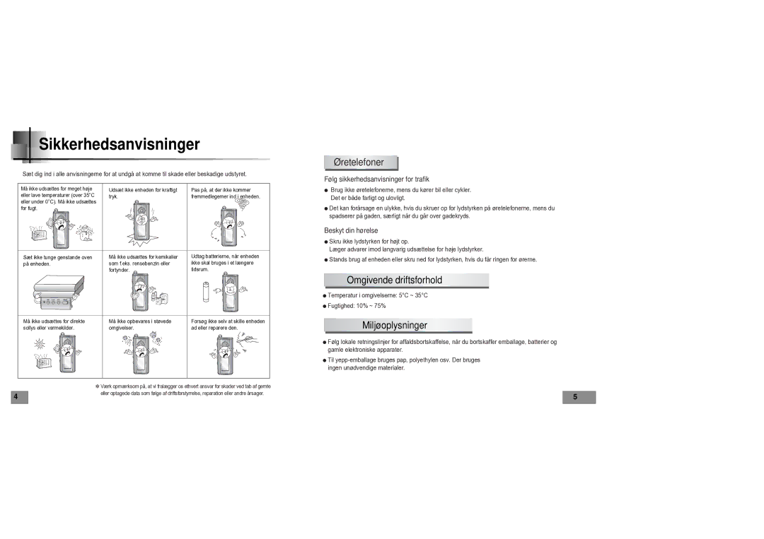 Samsung YPT5V1/ELS manual Øretelefoner, Omgivende driftsforhold, Miljøoplysninger 