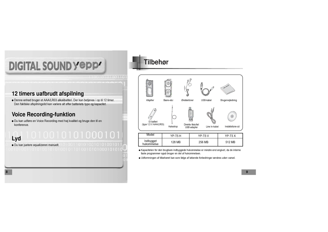 Samsung YPT5V1/ELS manual Tilbehør, Timers uafbrudt afspilning 