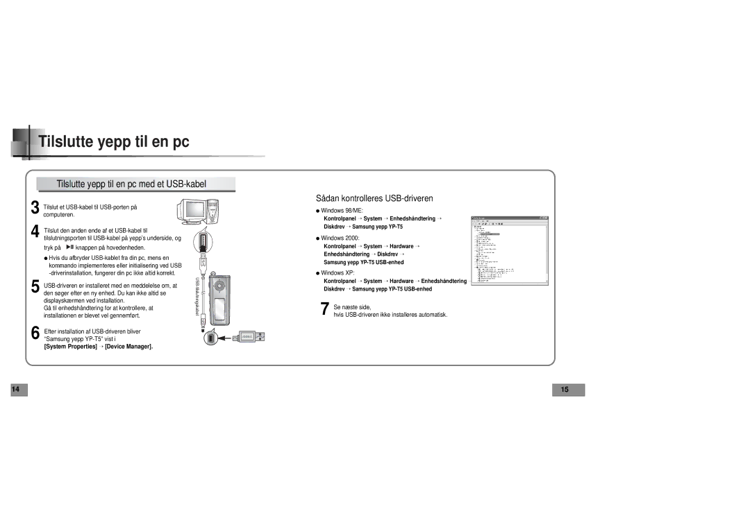 Samsung YPT5V1/ELS manual Tilslutte yepp til en pc med et USB-kabel 