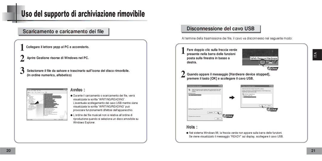 Samsung YPT5V2/ELS manual Scaricamento e caricamento dei file, Disconnessione del cavo USB 