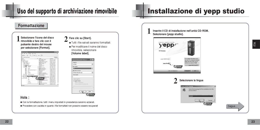 Samsung YPT5V2/ELS manual Installazione di yepp studio, Formattazione 