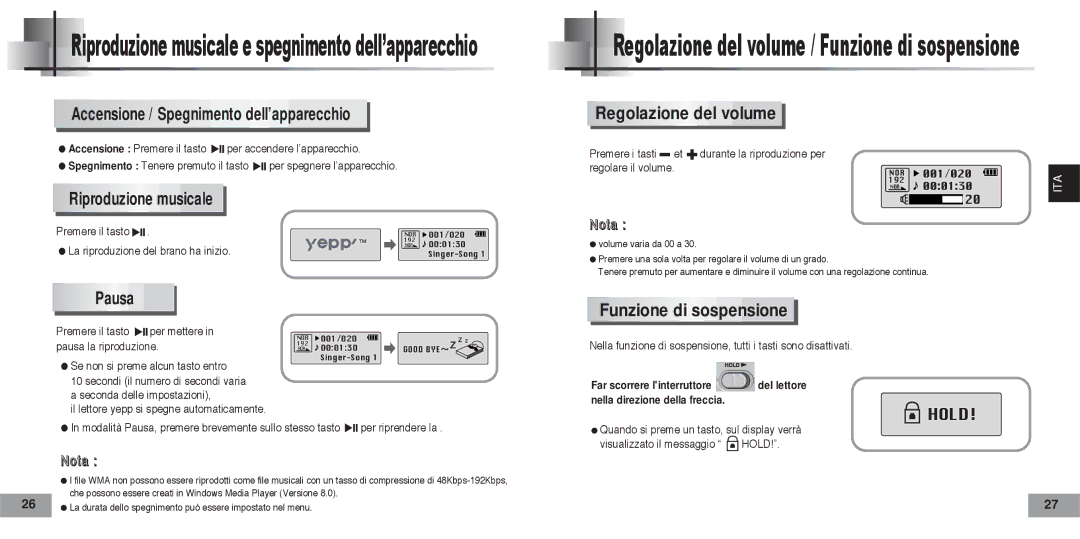 Samsung YPT5V2/ELS manual Accensione / Spegnimento dell’apparecchio, Regolazione del volume, Riproduzione musicale, Pausa 