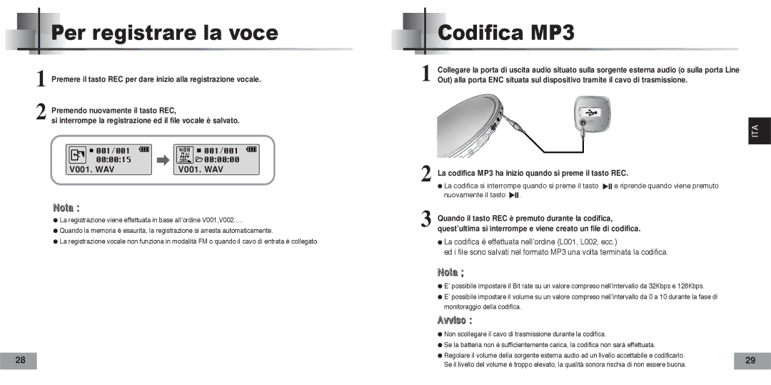 Samsung YPT5V2/ELS manual Per registrare la voce, Codifica MP3 