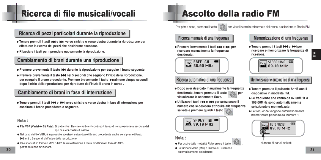 Samsung YPT5V2/ELS Ricerca di file musicali/vocali, Ascolto della radio FM, Cambiamento di brani durante una riproduzione 