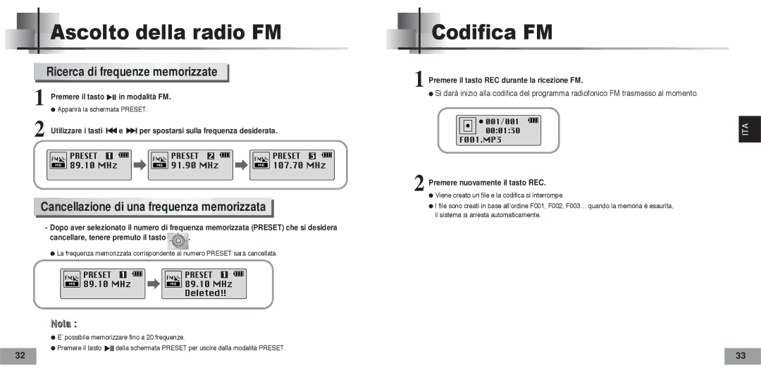 Samsung YPT5V2/ELS manual Codifica FM, Ricerca di frequenze memorizzate, Cancellazione di una frequenza memorizzata 