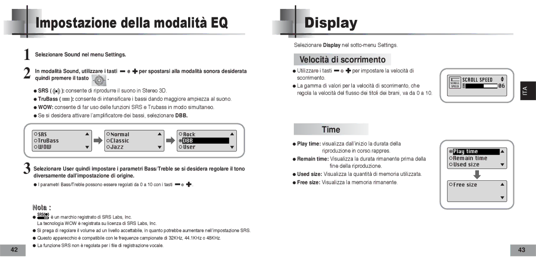 Samsung YPT5V2/ELS manual Display, Velocità di scorrimento, Time 