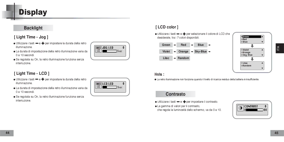 Samsung YPT5V2/ELS manual Backlight, Contrasto 