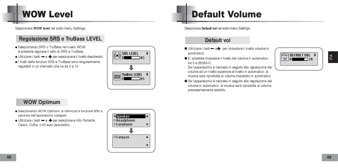 Samsung YPT5V2/ELS manual WOW Level, Default Volume, Regolazione SRS e TruBass Level, Default vol, WOW Optimum 