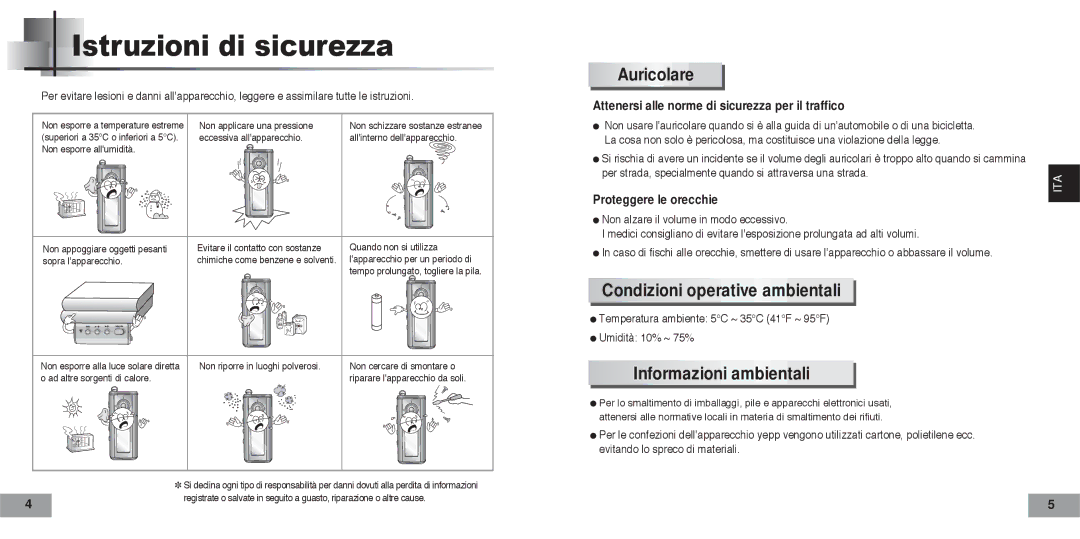 Samsung YPT5V2/ELS manual Istruzioni di sicurezza, Auricolare, Condizioni operative ambientali, Informazioni ambientali 