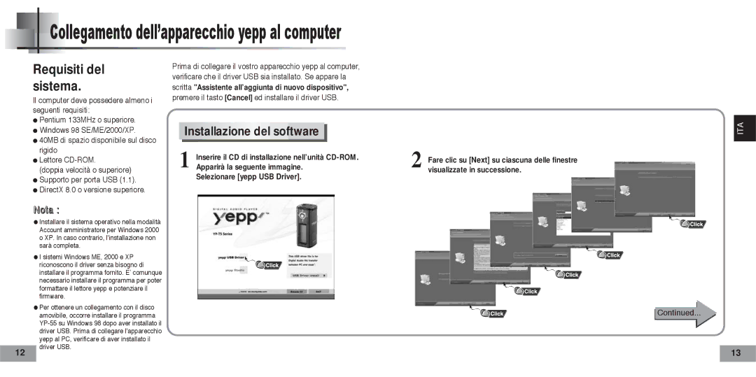 Samsung YPT5V2/ELS manual Collegamento dell’apparecchio yepp al computer, Installazione del software 