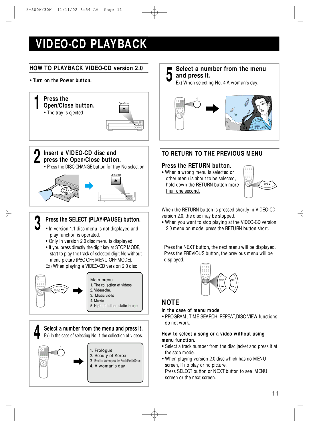 Samsung Z30SH/TTE manual VIDEO-CD Playback, 5and press it, Tray is ejected, Ex When playing a VIDEO-CD version 2.0 disc 