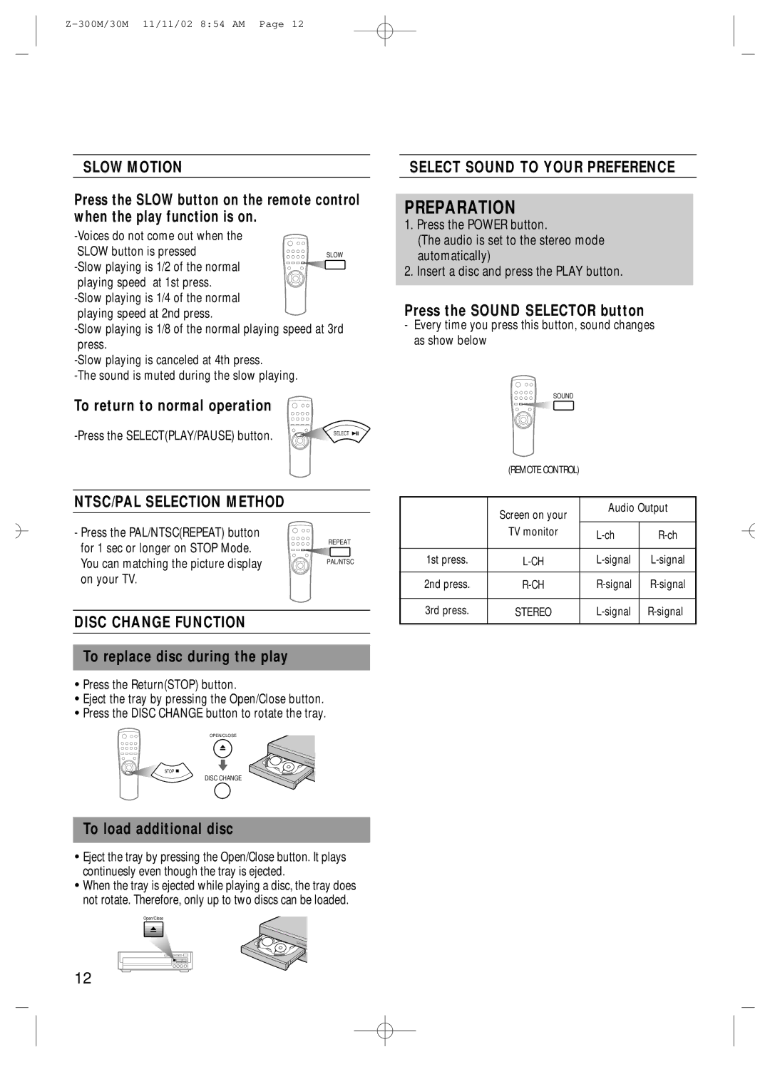 Samsung Z30MEH/TTE manual Slow Motion, NTSC/PAL Selection Method, Disc Change Function, Select Sound to Your Preference 