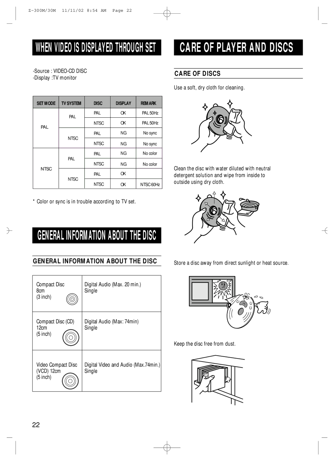 Samsung Z30MEH/ESN, Z30MEH/TTE, Z30SH/TTE manual Care of Discs, Color or sync is in trouble according to TV set 