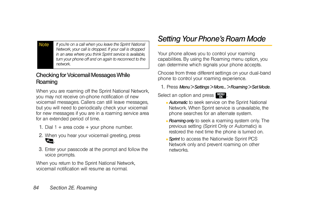 Samsung Z400 manual Setting Your Phone’s Roam Mode, Checking for Voicemail Messages While Roaming, Network 